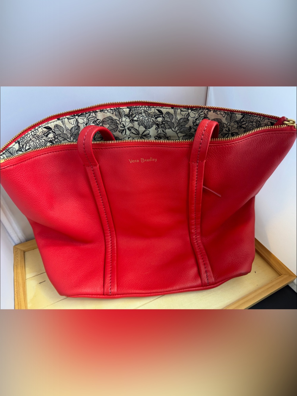 Vera Bradley Red Leather Tote with Floral Lining